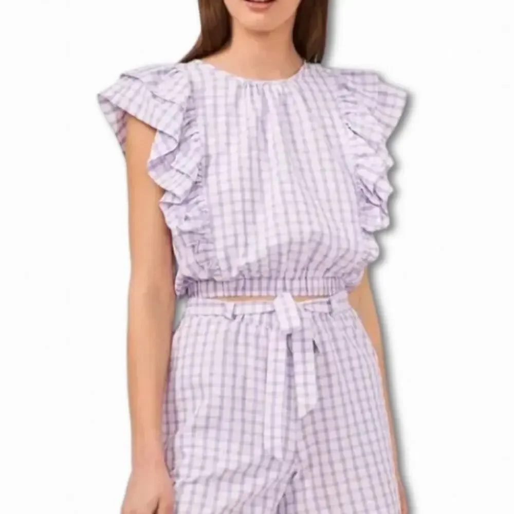 Riley & Rae Checkered Ruffled Blouse Elastic Hem Purple White Women's Large NWT